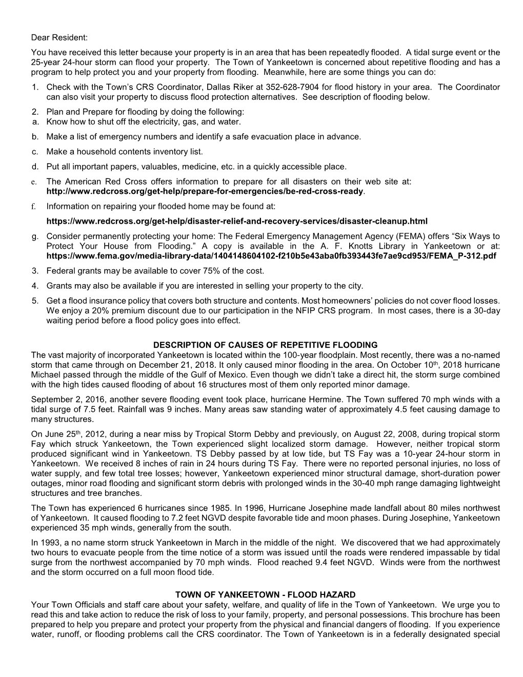 Dear Resident: You Have Received This Letter Because Your Property Is in an Area That Has Been Repeatedly Flooded