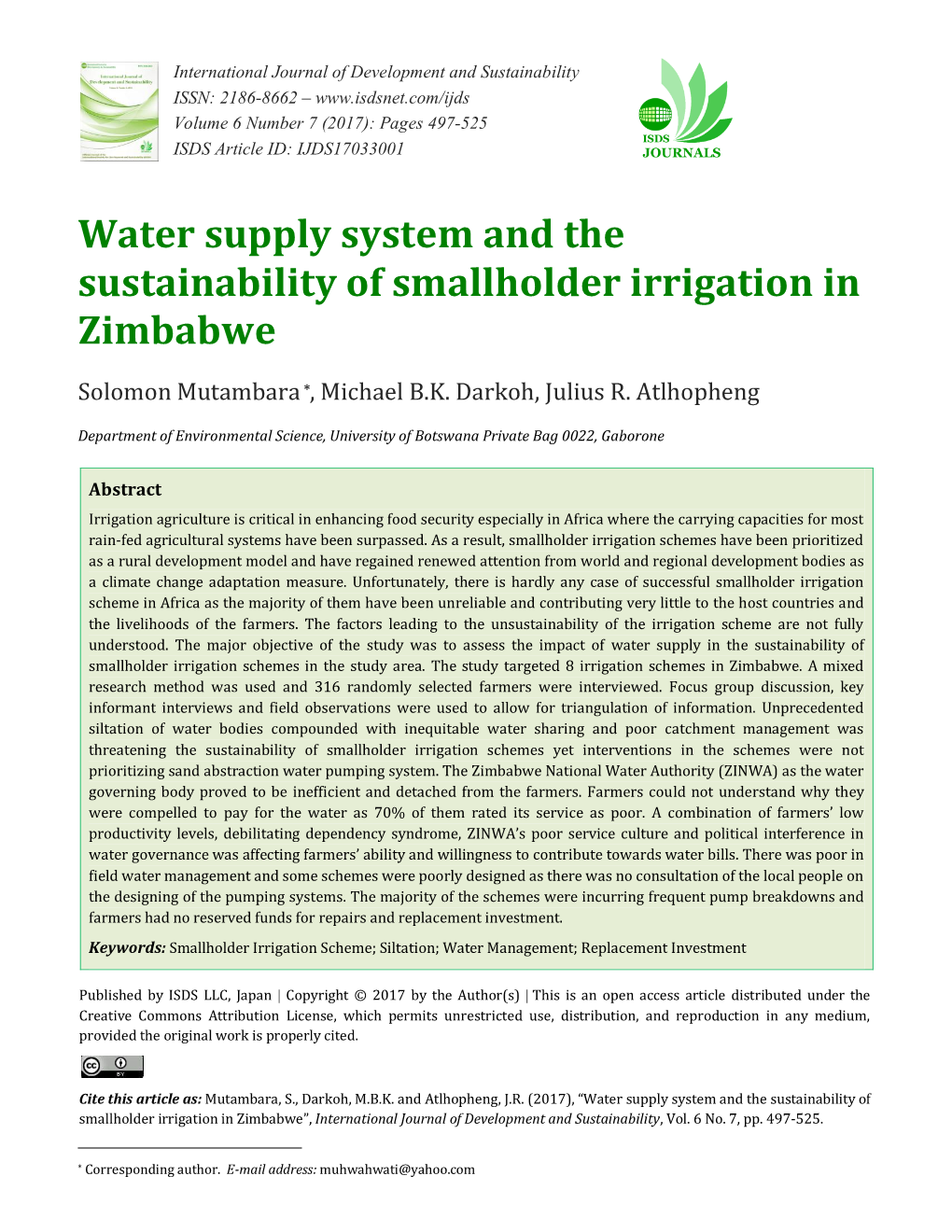 Water Supply System and the Sustainability of Smallholder Irrigation in Zimbabwe