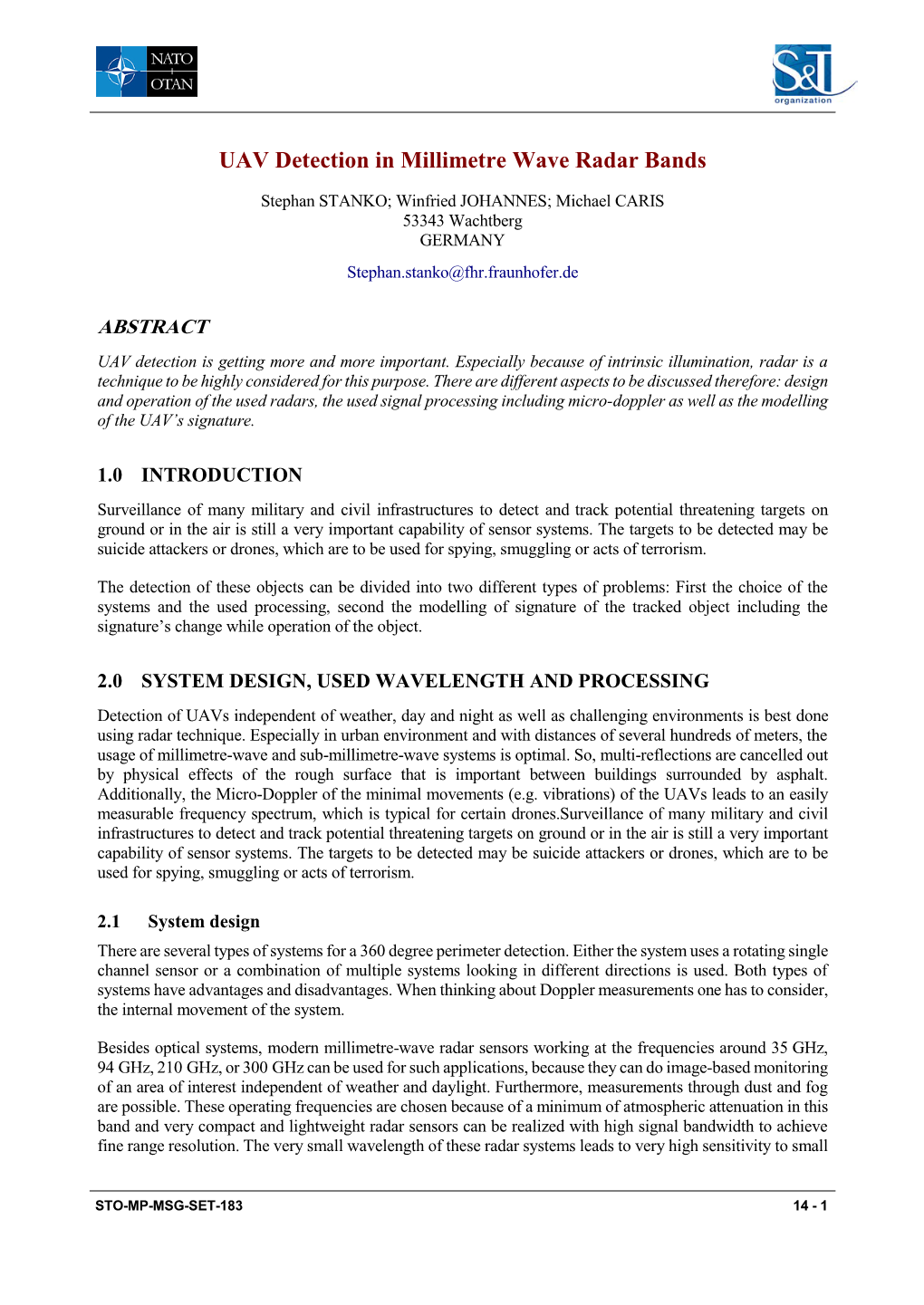 UAV Detection in Millimetre Wave Radar Bands