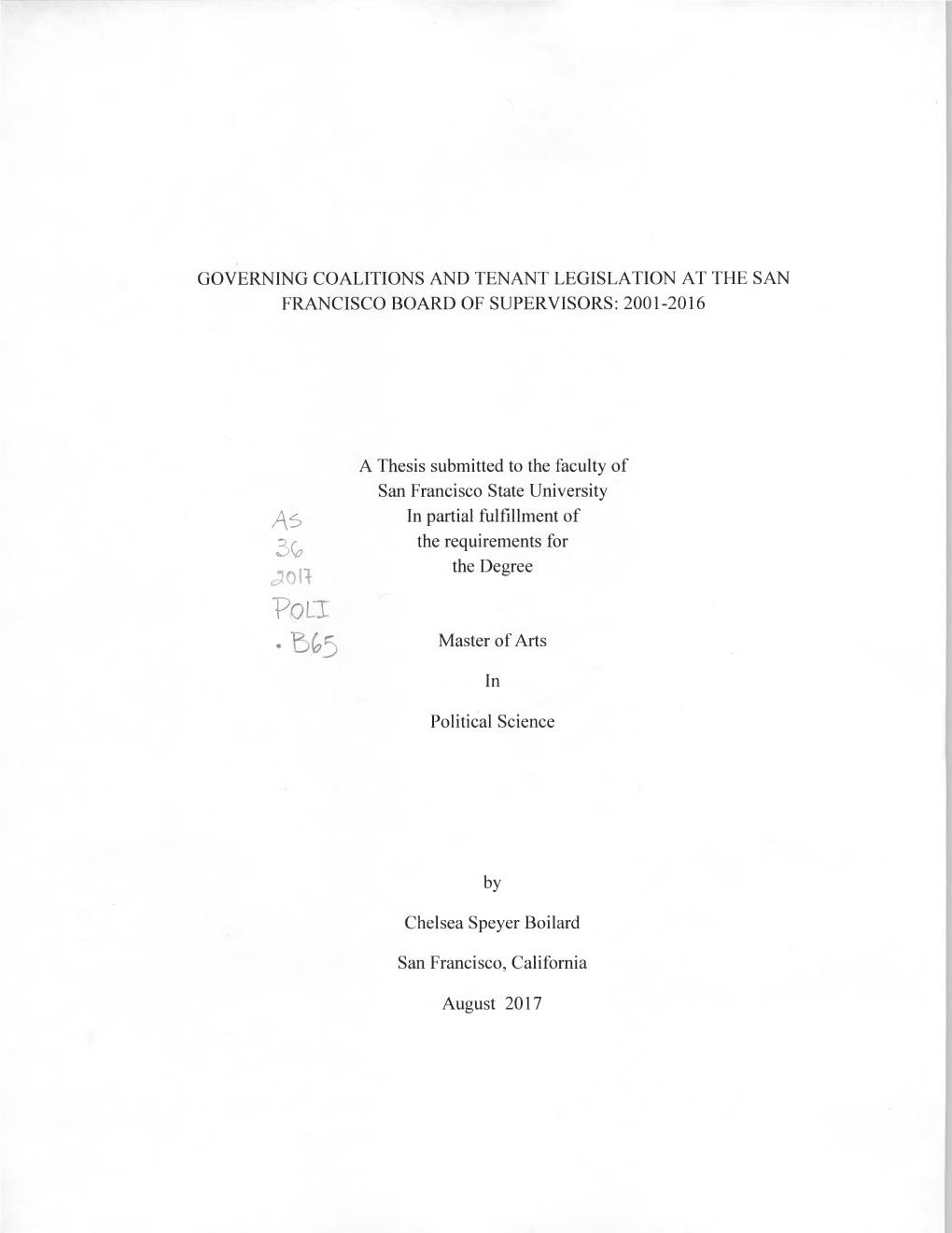 Governing Coalitions and Tenant Legislation at the San Francisco Board of Supervisors: 2001-2016