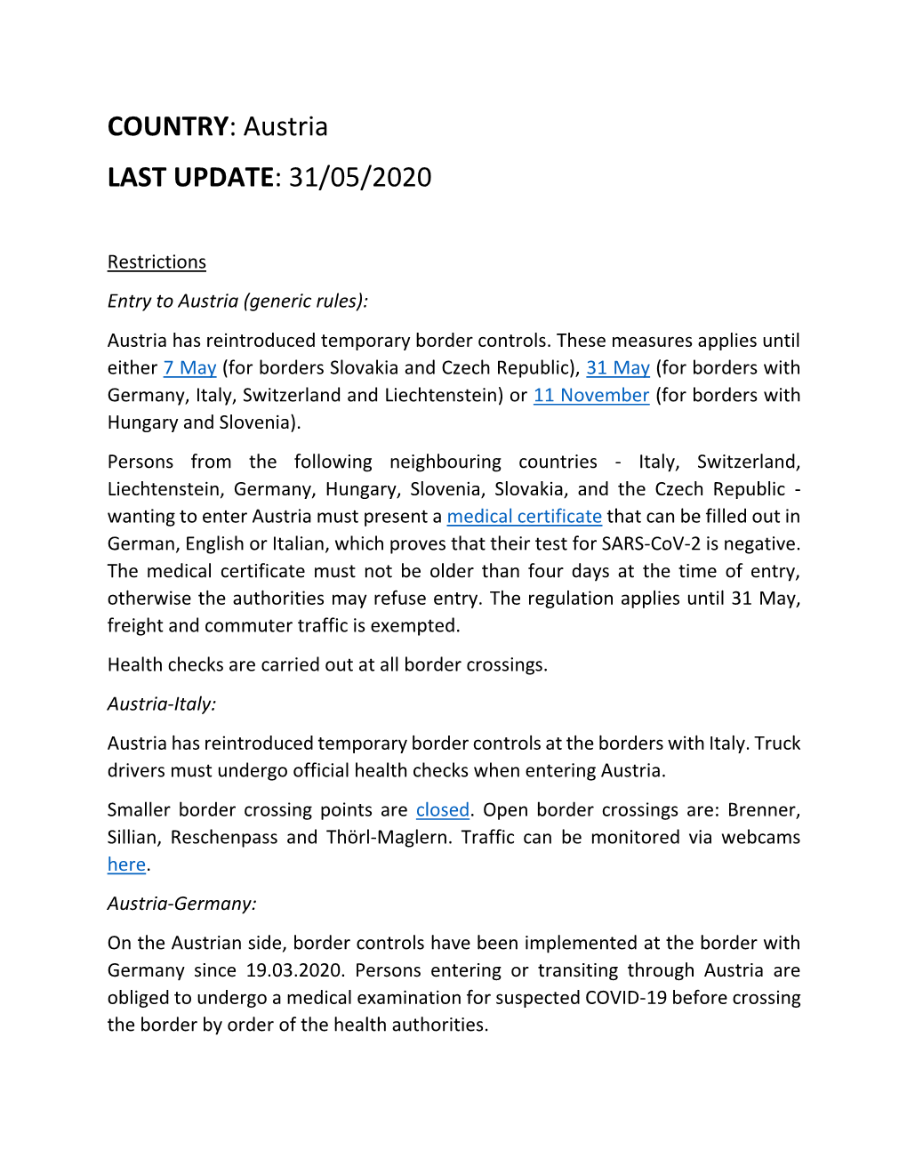 Austria LAST UPDATE: 31/05/2020