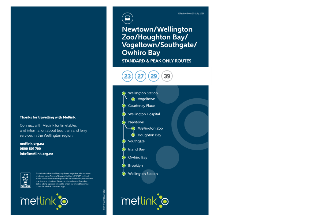 Newtown/Wellington Zoo/Houghton Bay/ Vogeltown/Southgate/ Owhiro Bay STANDARD & PEAK ONLY ROUTES