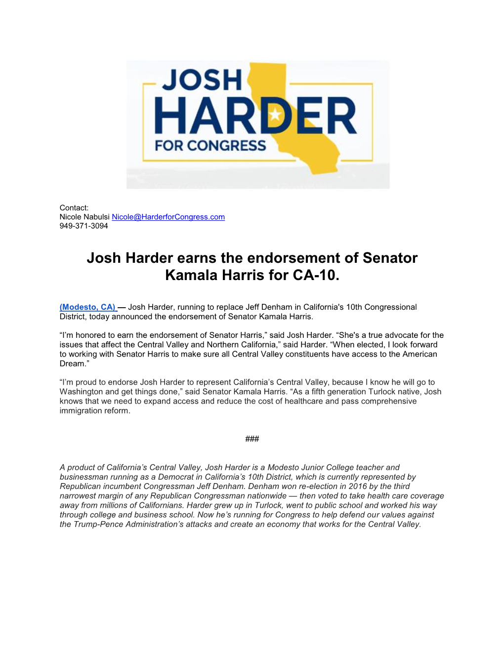 Josh Harder Earns the Endorsement of Senator Kamala Harris for CA-10