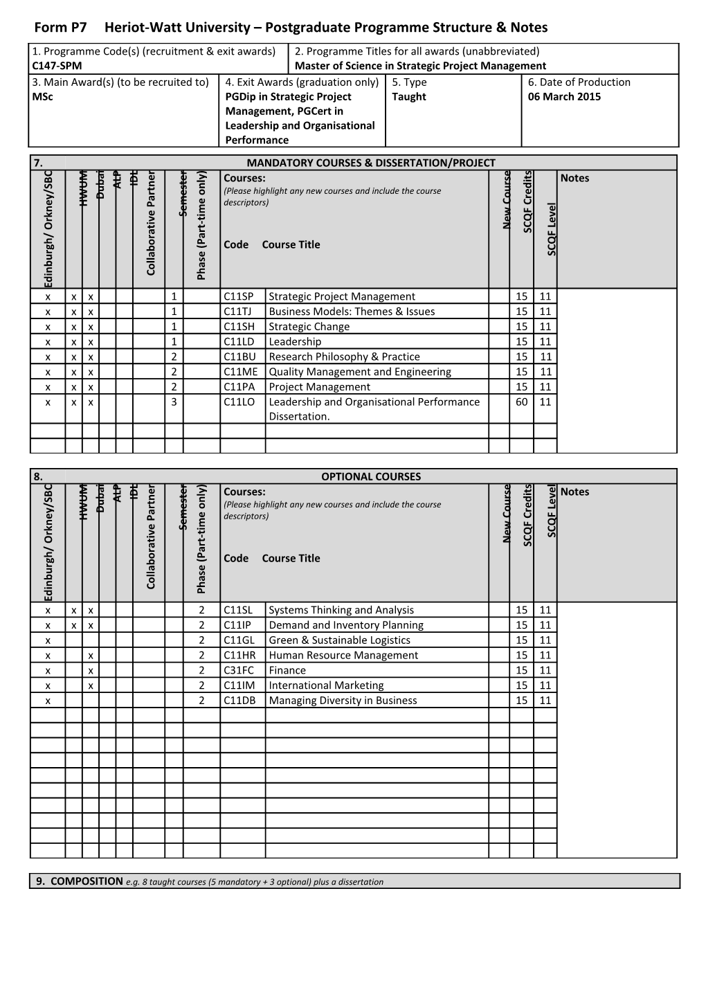 Form P7 Heriot-Watt University Postgraduate Programme Structurenotes