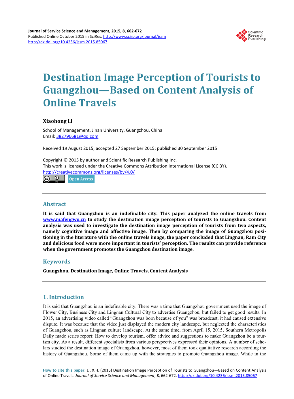 Destination Image Perception of Tourists to Guangzhou—Based on Content Analysis of Online Travels