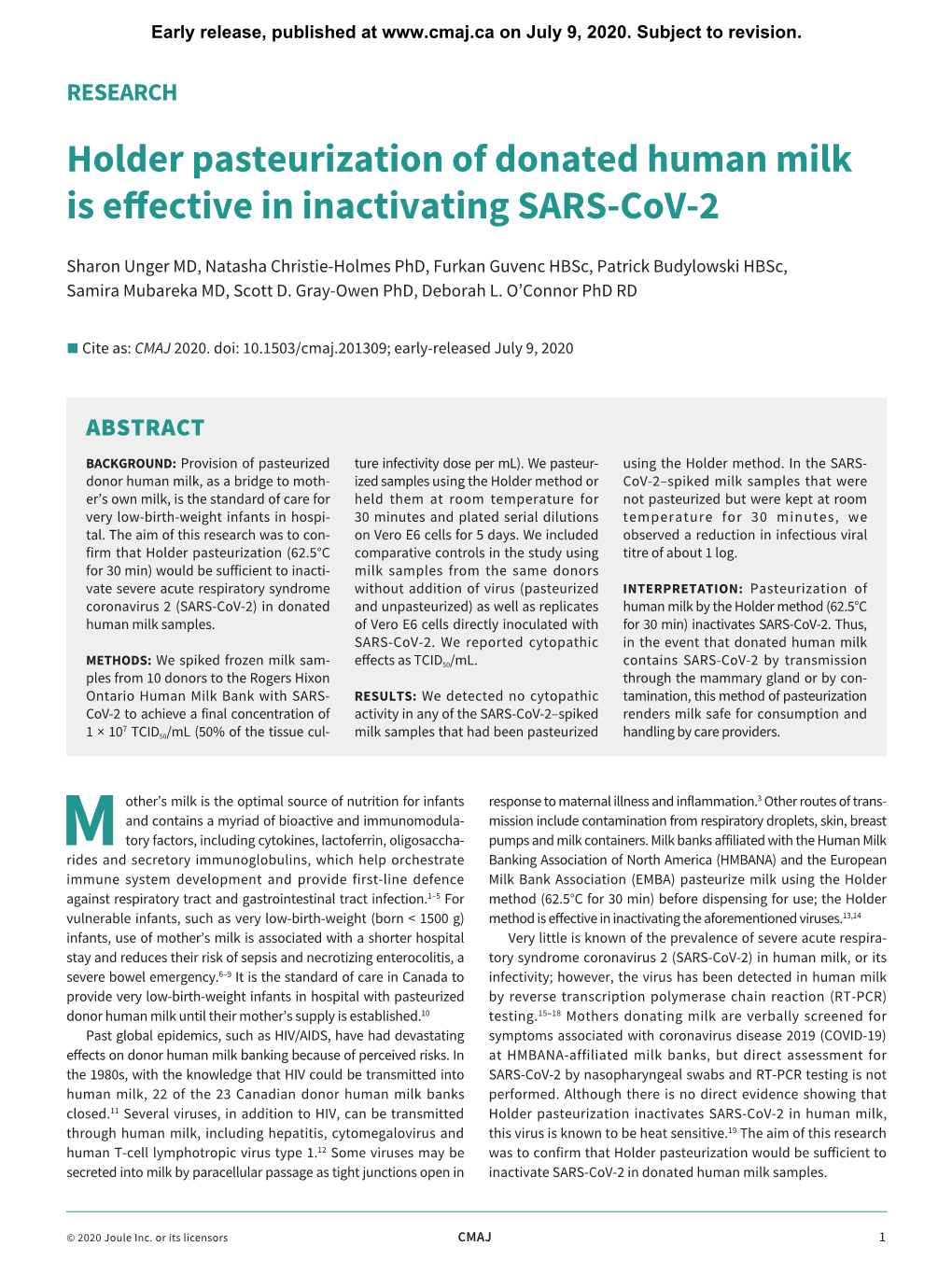 Holder Pasteurization of Donated Human Milk Is Effective in Inactivating SARS-Cov-2