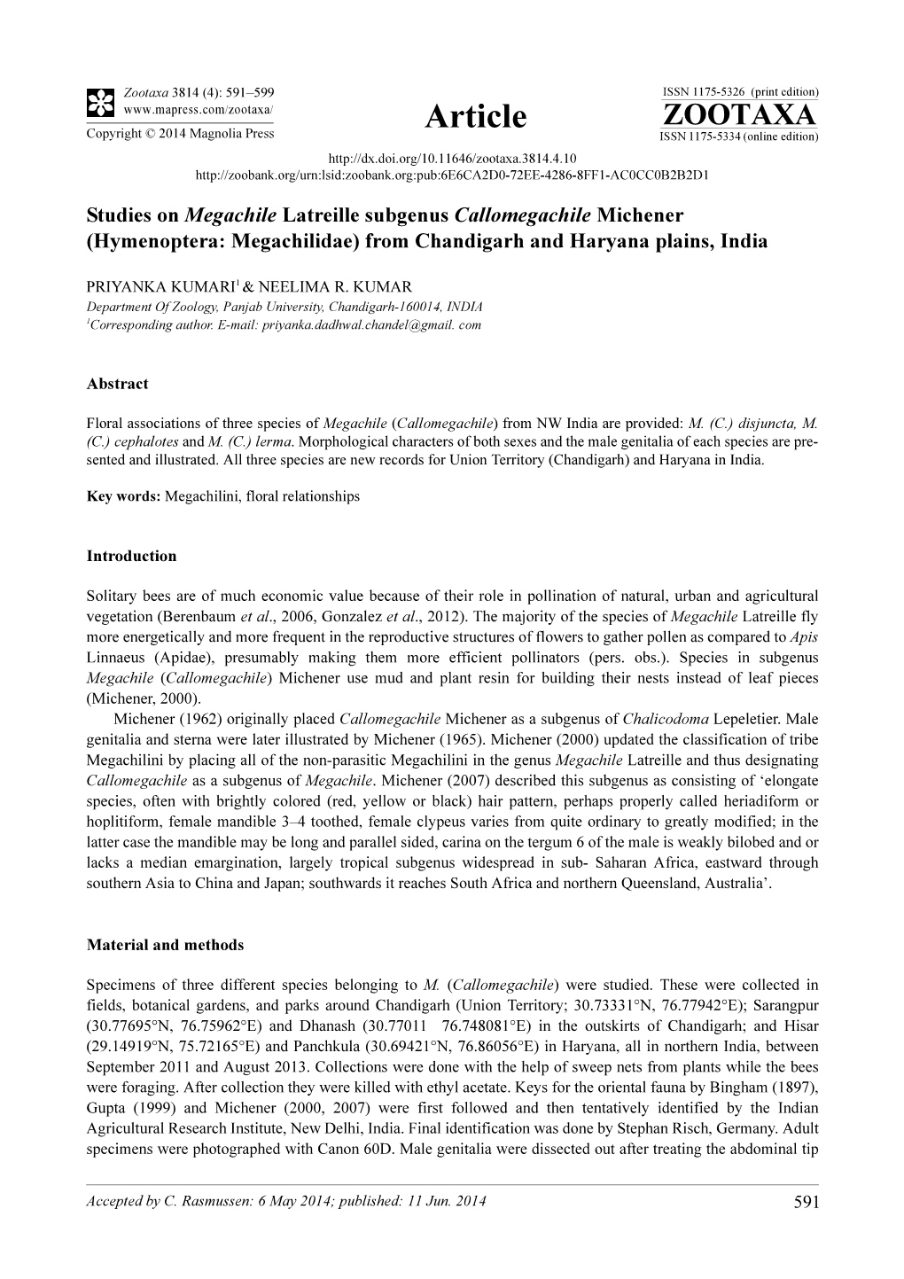 Studies on Megachile Latreille Subgenus Callomegachile Michener (Hymenoptera: Megachilidae) from Chandigarh and Haryana Plains, India