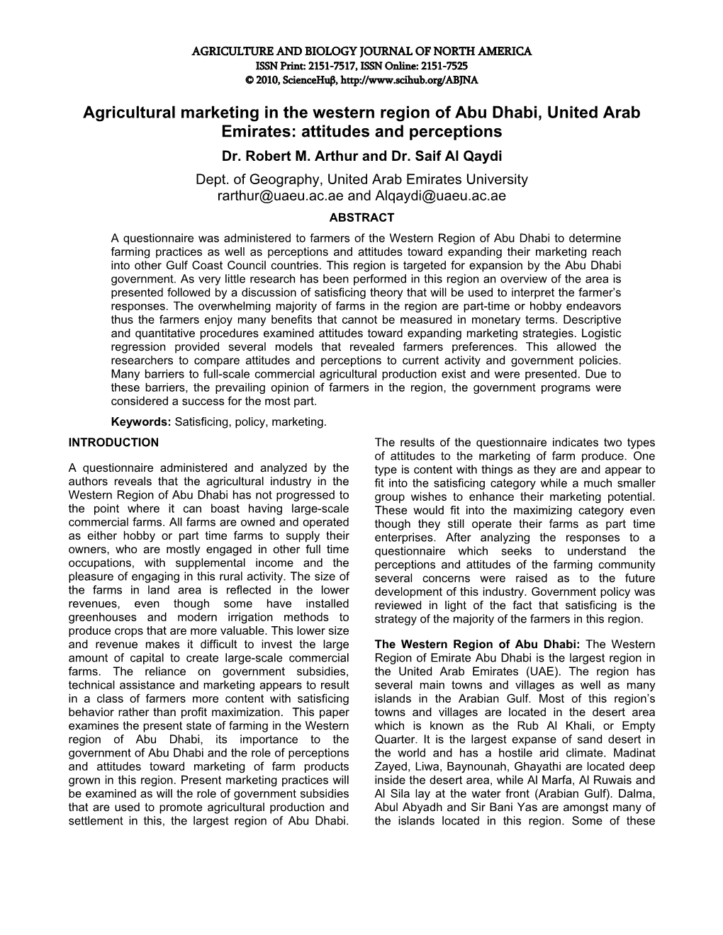 Agricultural Marketing in the Western Region of Abu Dhabi, United Arab Emirates: Attitudes and Perceptions Dr