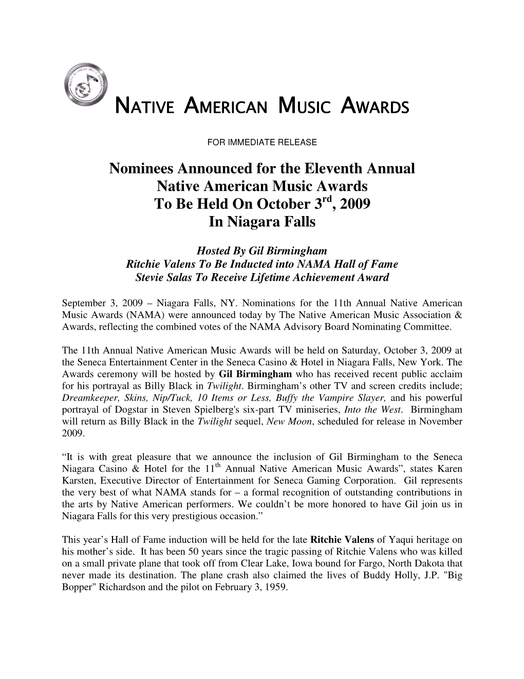 NATIVE AMERICAN MUSIC AWARDS Nominees Announced for The