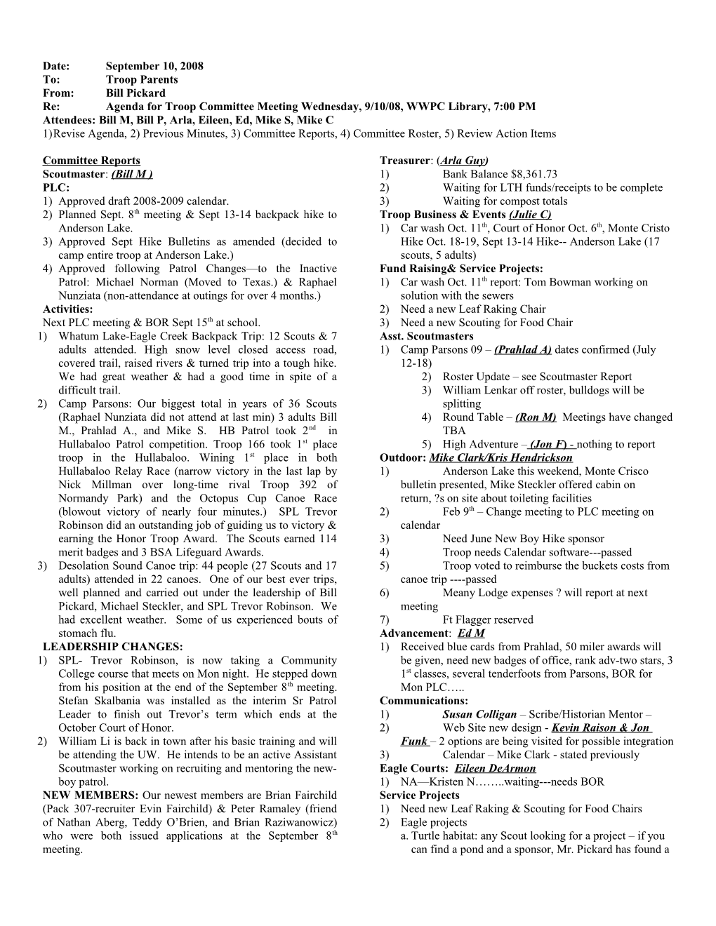 Troop Committee Agenda 4/16/08