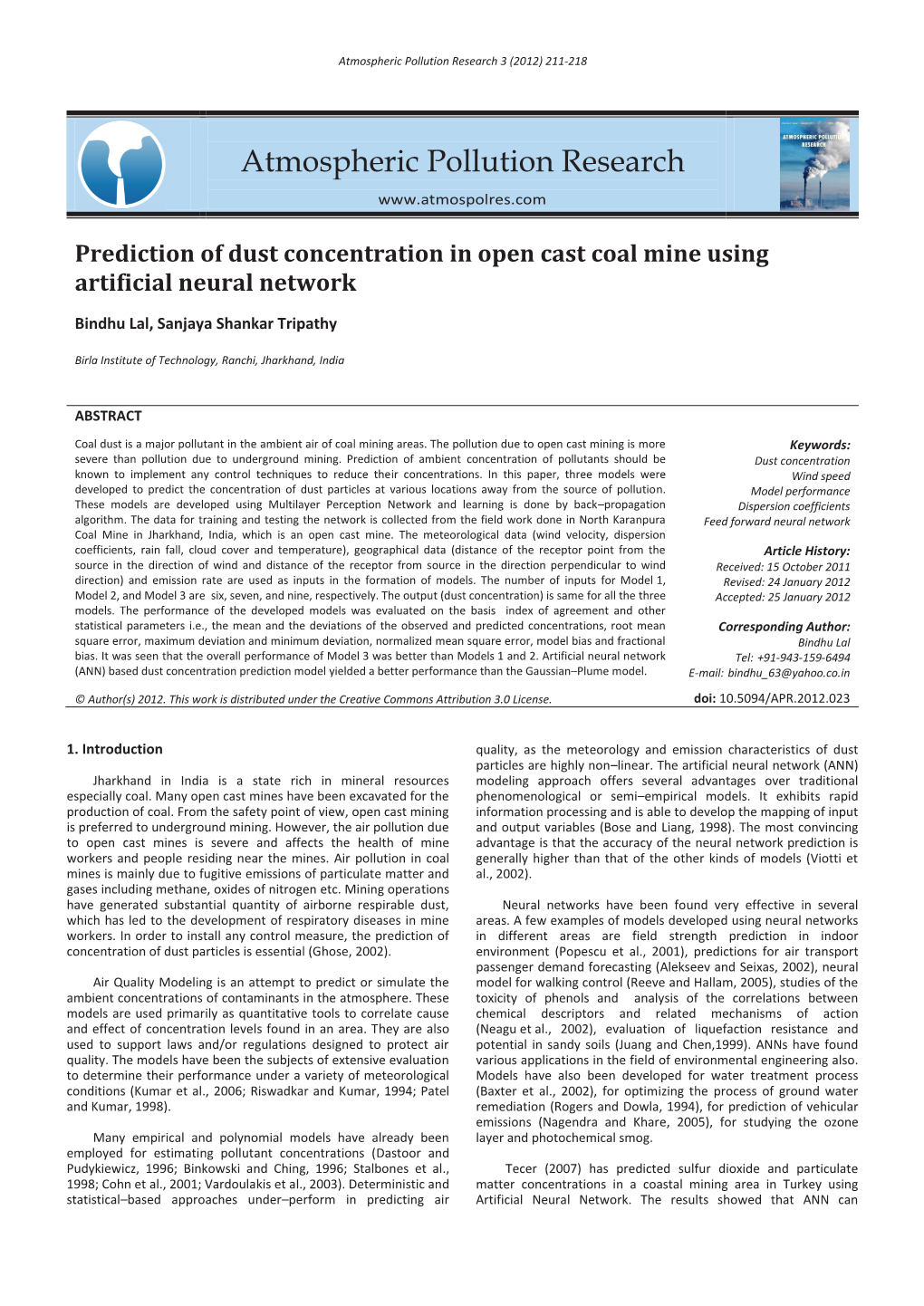 Prediction of Dust Concentration in Open Cast Coal Mine Using Artificial Neural Network