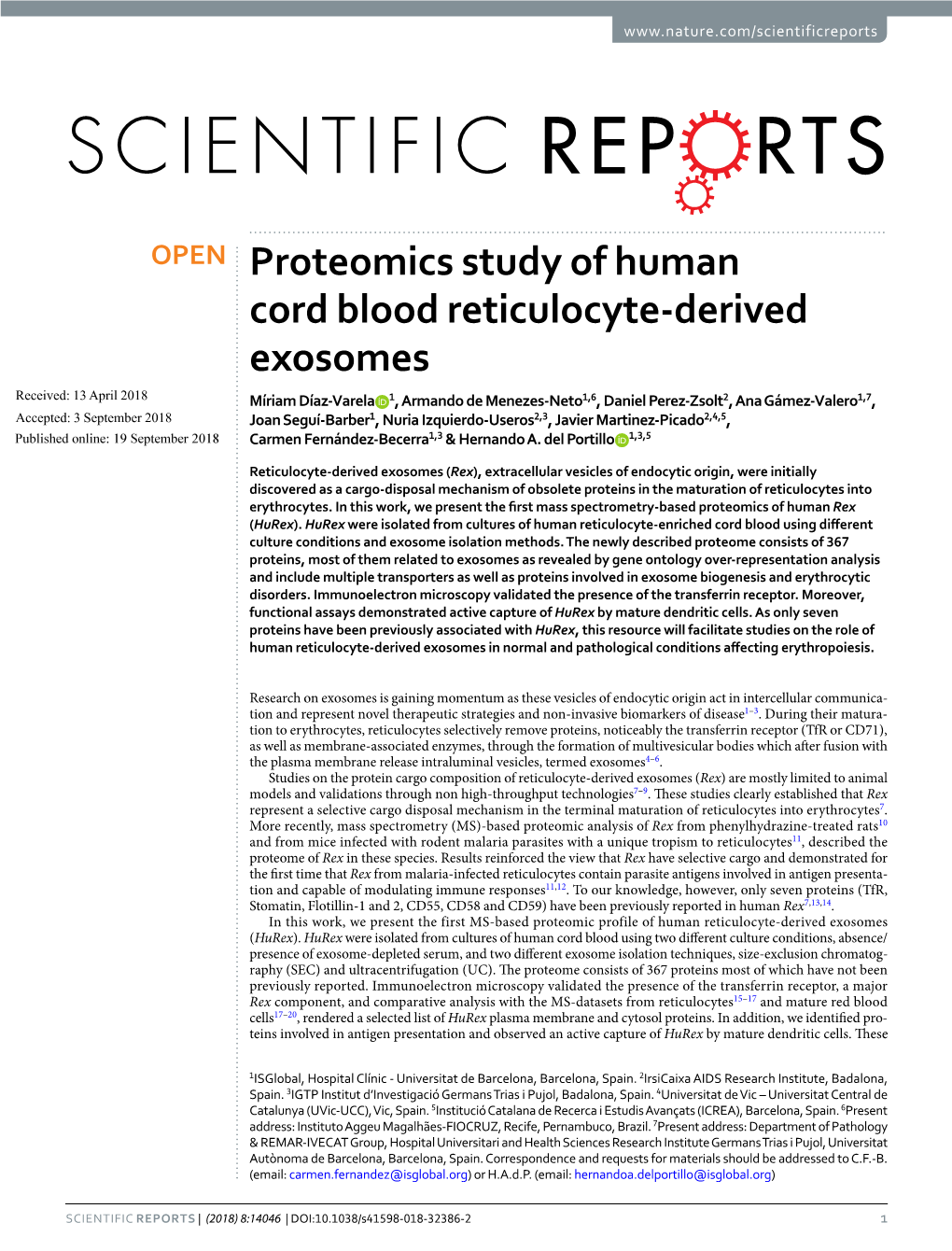 Proteomics Study of Human Cord Blood Reticulocyte