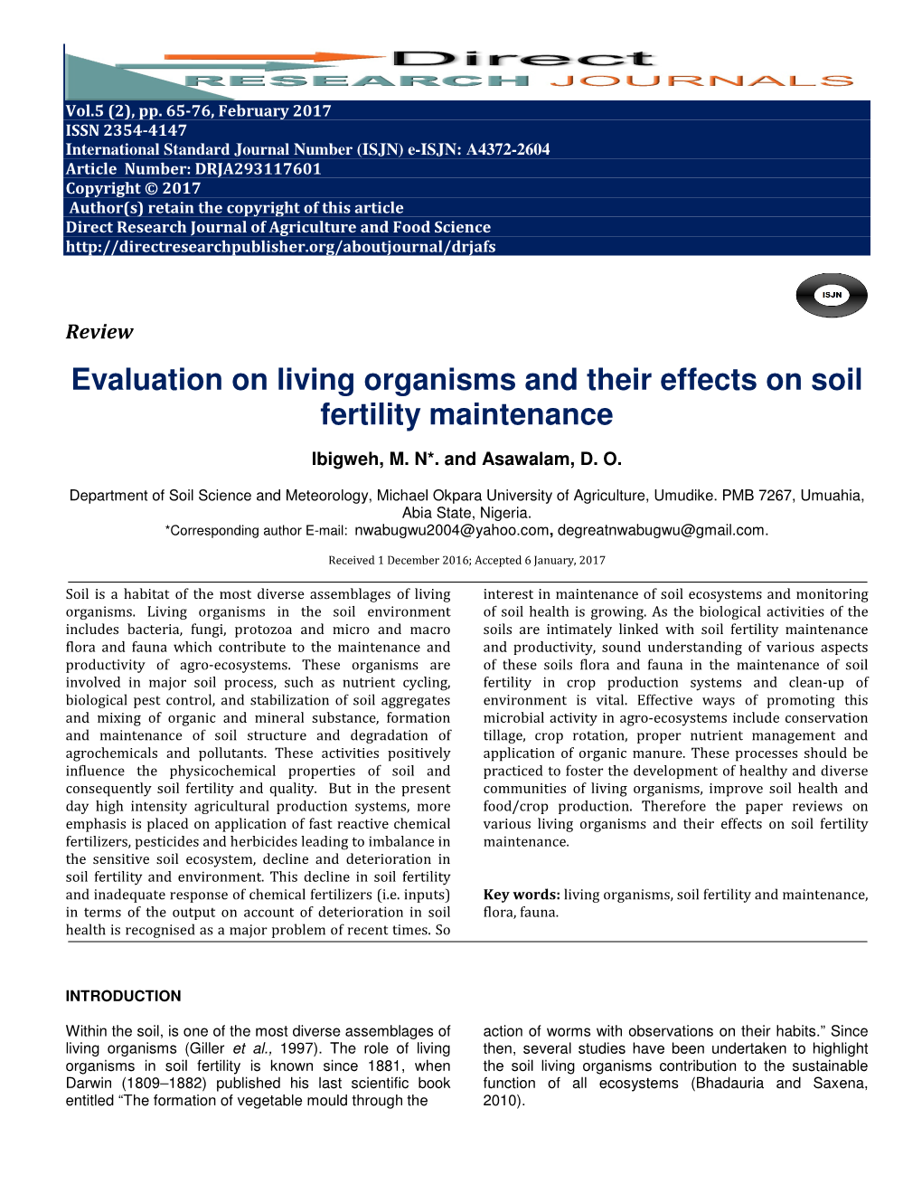 Evaluation on Living Organisms and Their Effects on Soil Fertility Maintenance