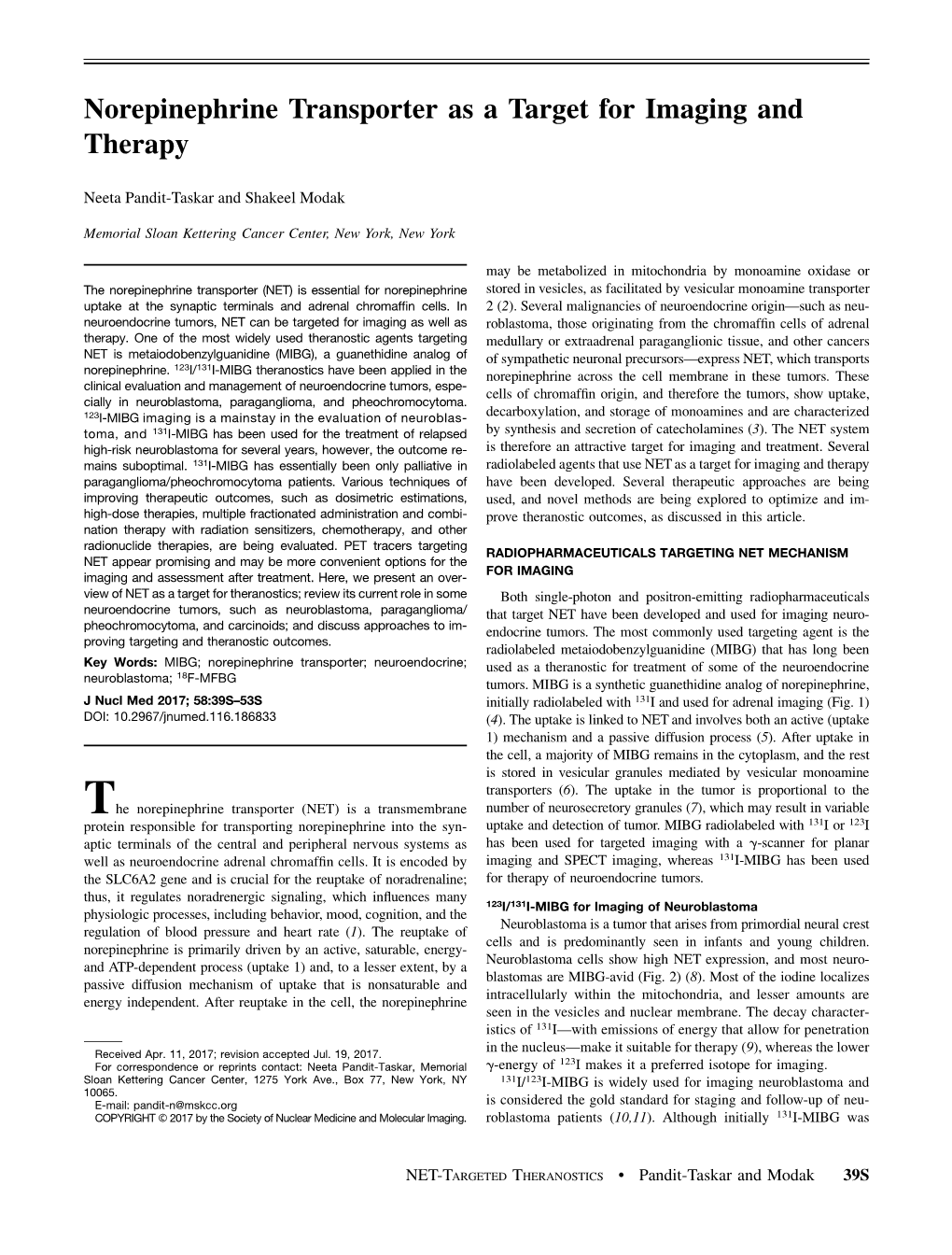 Norepinephrine Transporter As a Target for Imaging and Therapy