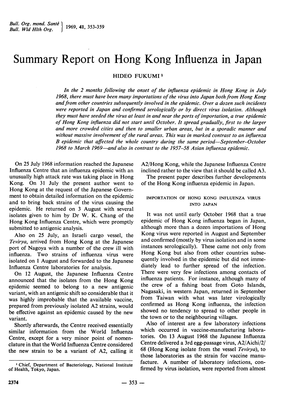 Summary Report on Hong Kong Influenza in Japan
