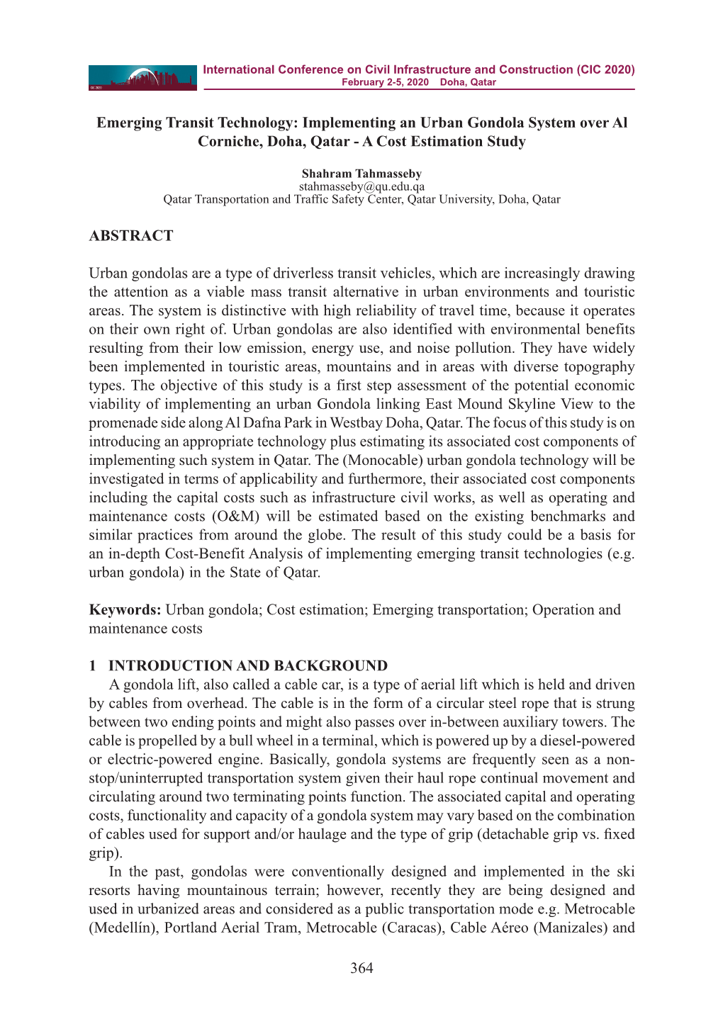 Implementing an Urban Gondola System Over Al Corniche, Doha, Qatar - a Cost Estimation Study