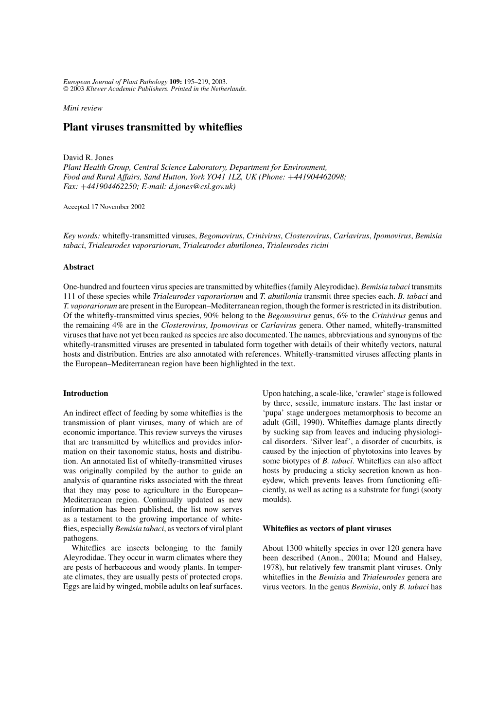 Plant Viruses Transmitted by Whiteflies