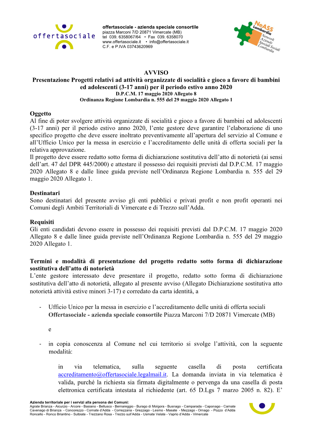 AVVISO Presentazione Progetti Relativi Ad Attività Organizzate Di