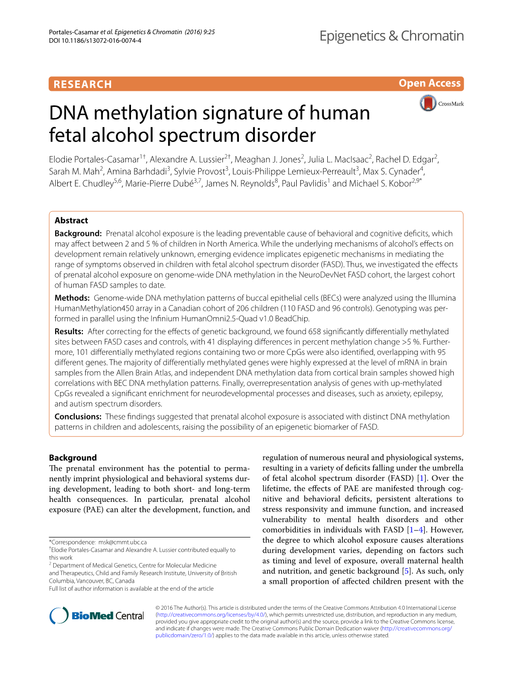 DNA Methylation Signature of Human Fetal Alcohol Spectrum Disorder Elodie Portales‑Casamar1†, Alexandre A