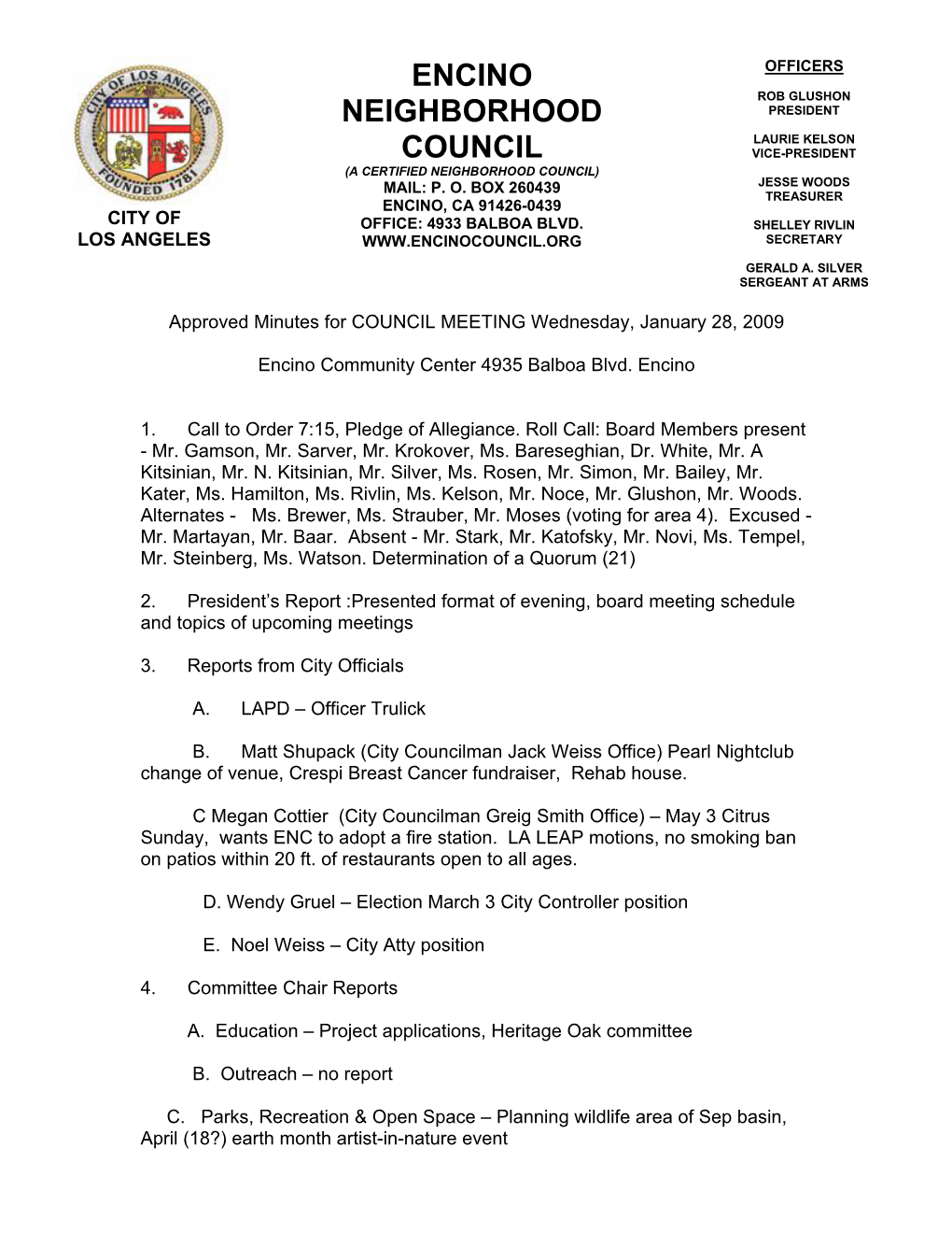 COUNCIL MEETING Wednesday, January 28, 2009