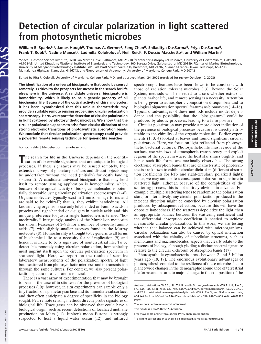 Detection of Circular Polarization in Light Scattered from Photosynthetic Microbes