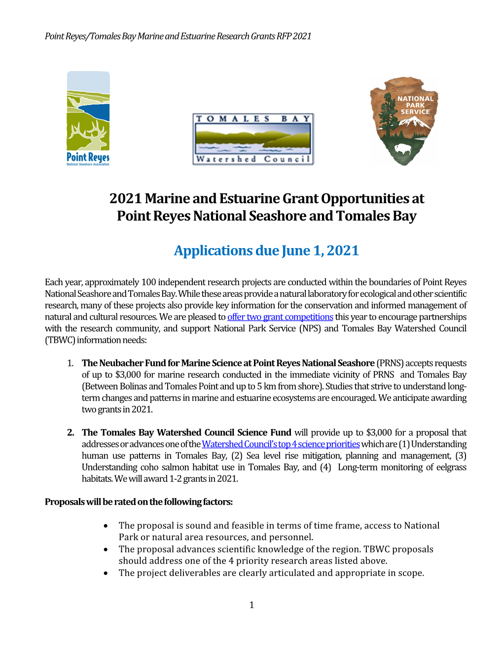 2021 Marine and Estuarine Grant Opportunities at Point Reyes National Seashore and Tomales Bay