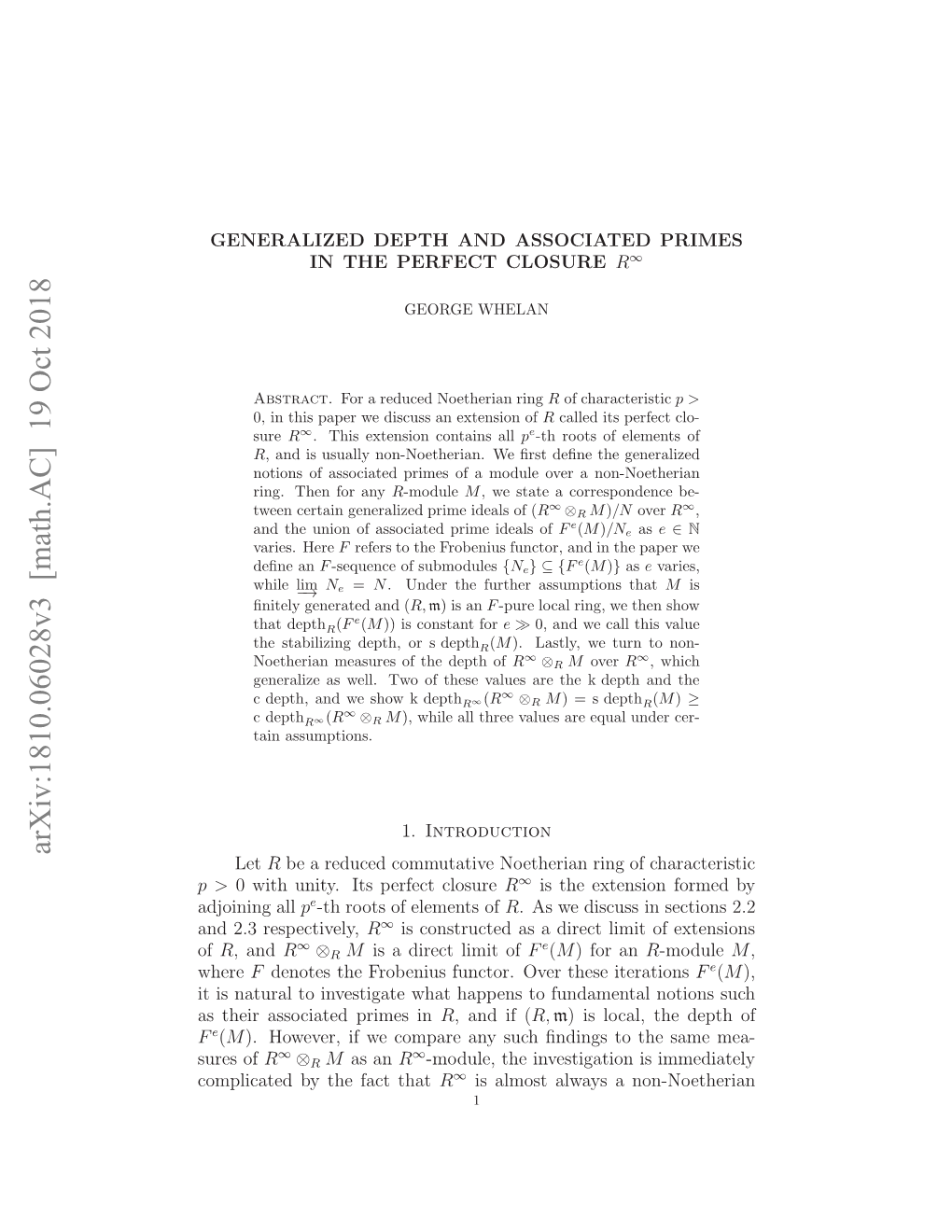 Generalized Depth and Associated Primes in the Perfect Closure $ R^\Infty$