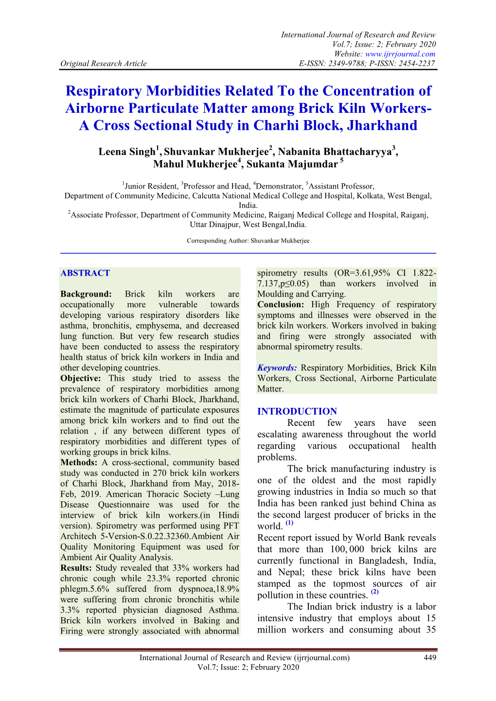 Respiratory Morbidities Related to the Concentration of Airborne Particulate Matter Among Brick Kiln Workers- a Cross Sectional Study in Charhi Block, Jharkhand