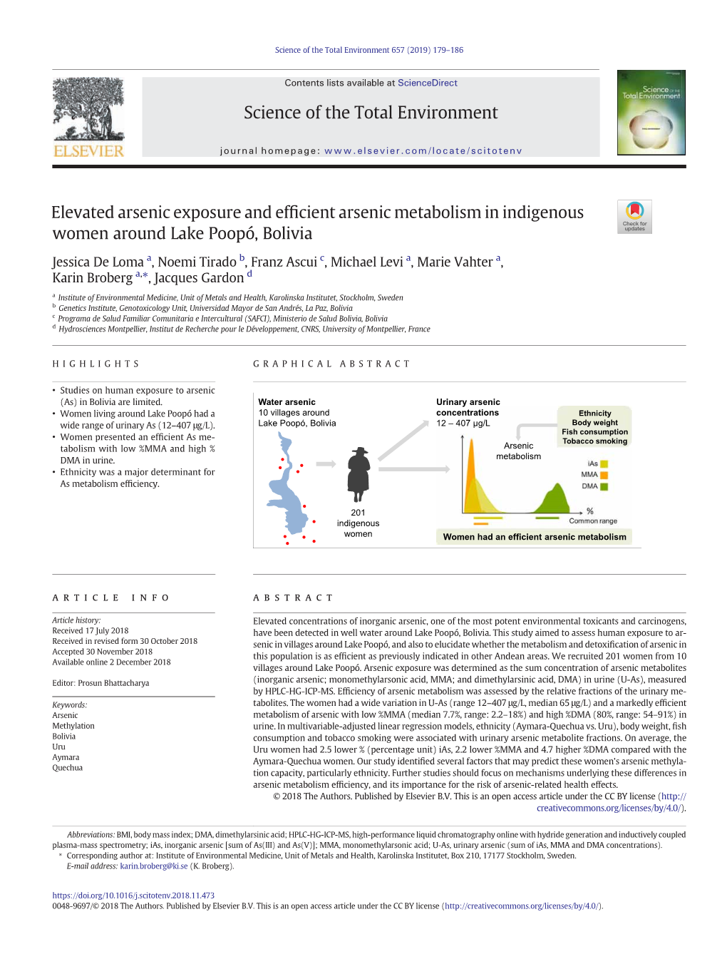 Elevated Arsenic Exposure and Efficient Arsenic Metabolism in Indigenous Women Around Lake Poopo Bolivia