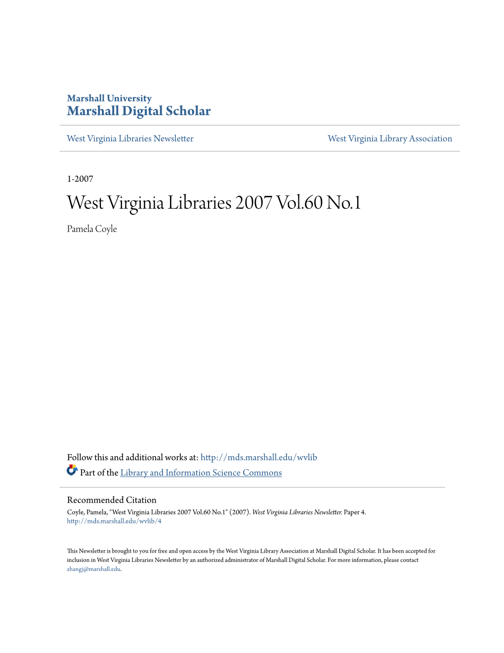 West Virginia Libraries 2007 Vol.60 No.1 Pamela Coyle