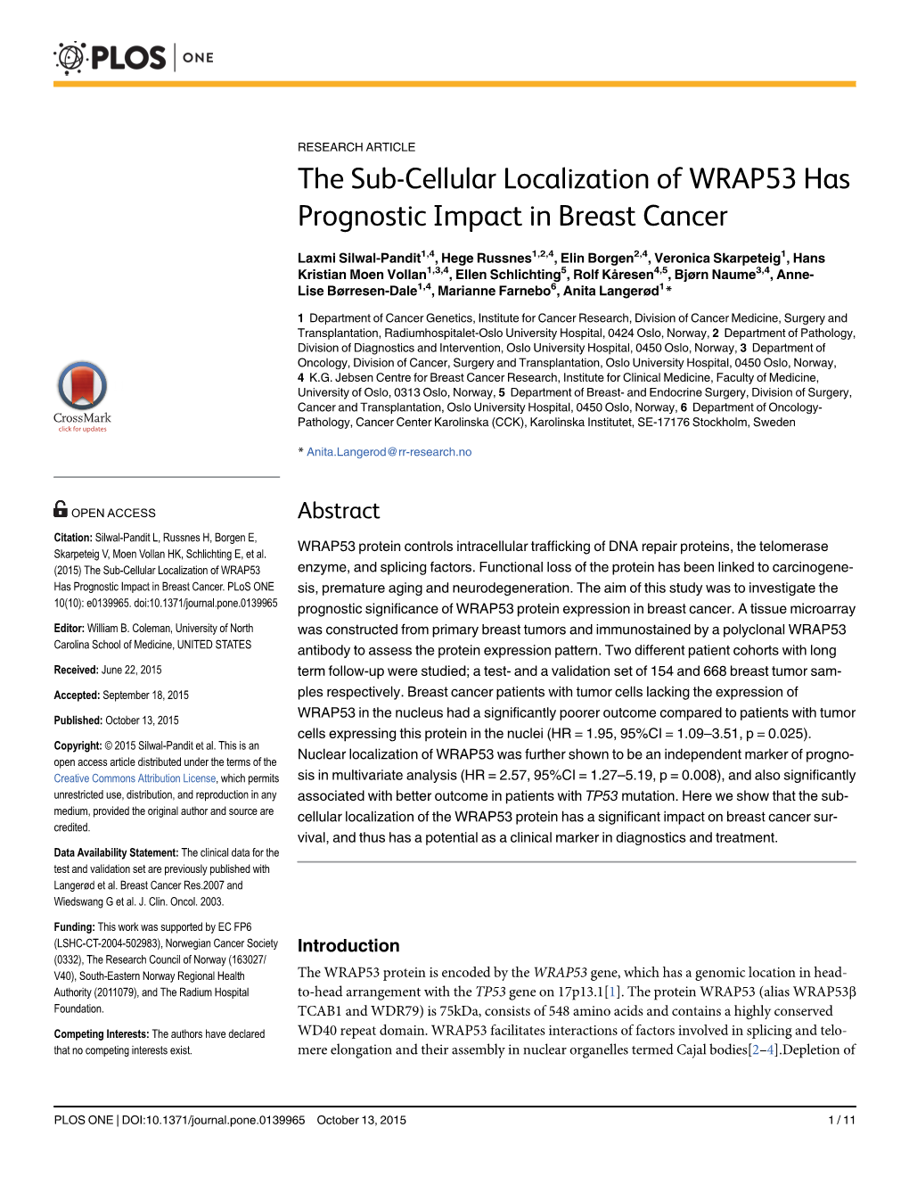 The Sub-Cellular Localization of WRAP53 Has Prognostic Impact in Breast Cancer