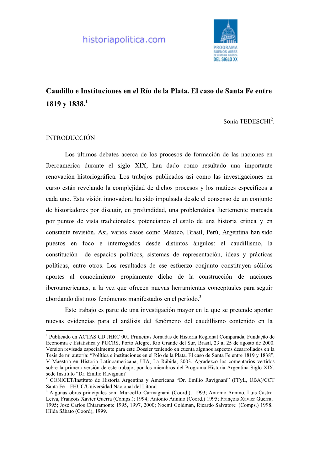 Caudillo E Instituciones En El Río De La Plata. El Caso De Santa Fe Entre 1819 Y 1838.1