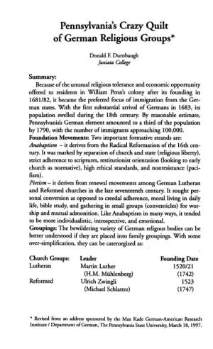 Pennsylvania's Crazy Quilt of German Religious Groups*