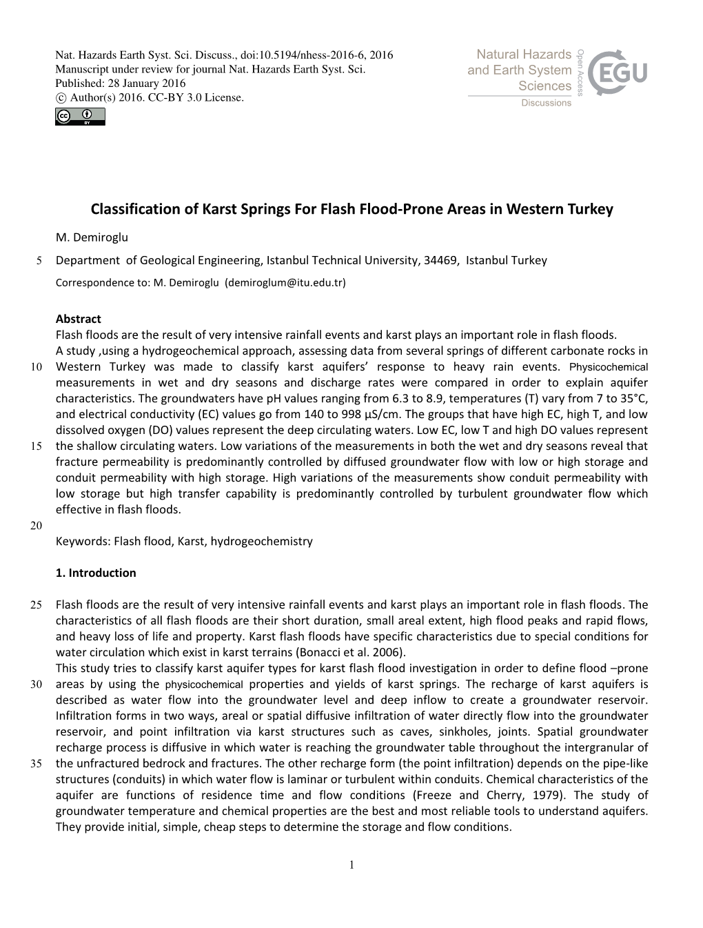 Classification of Karst Springs for Flash Flood-Prone Areas in Western Turkey