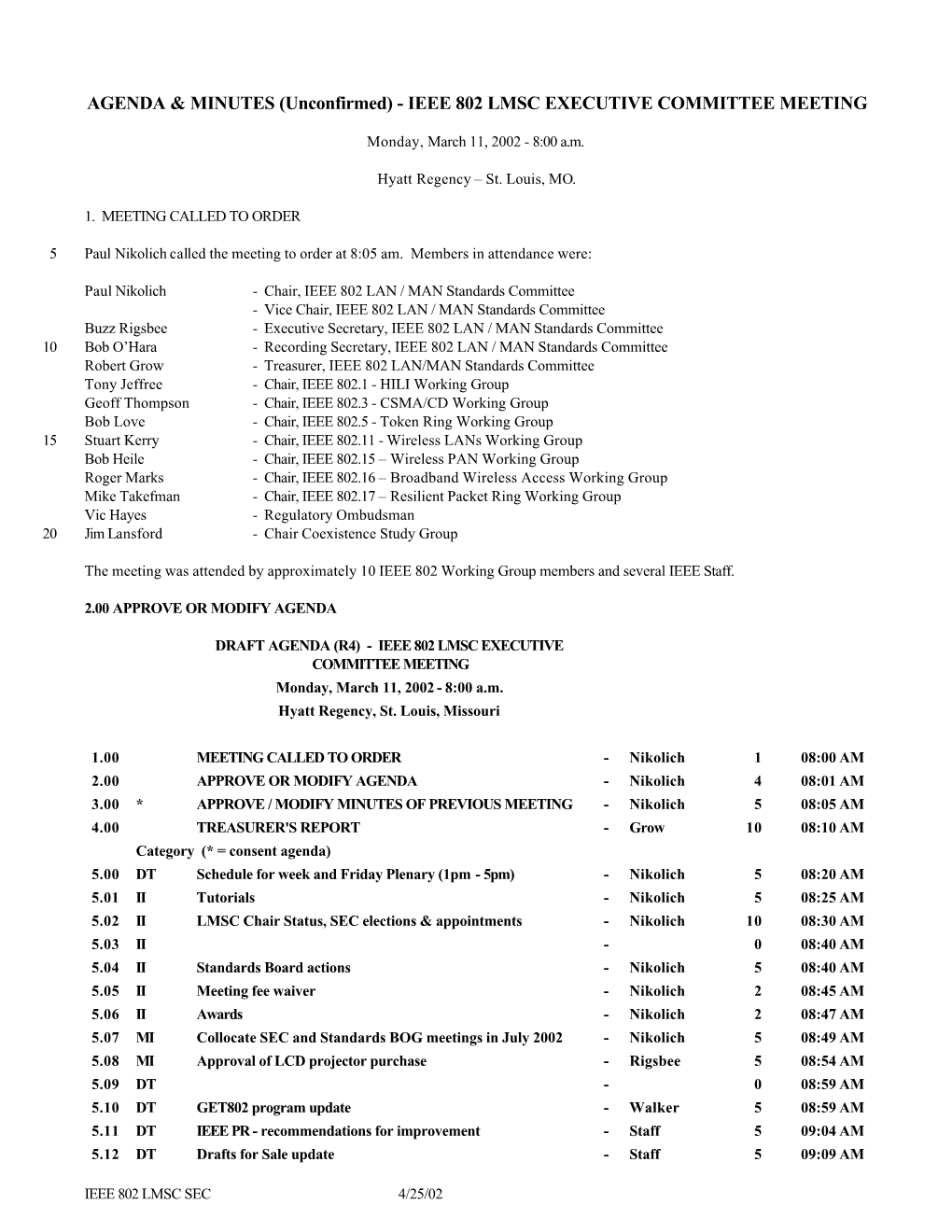 March 11, 2002 Opening SEC Meeting and Opening Plenary