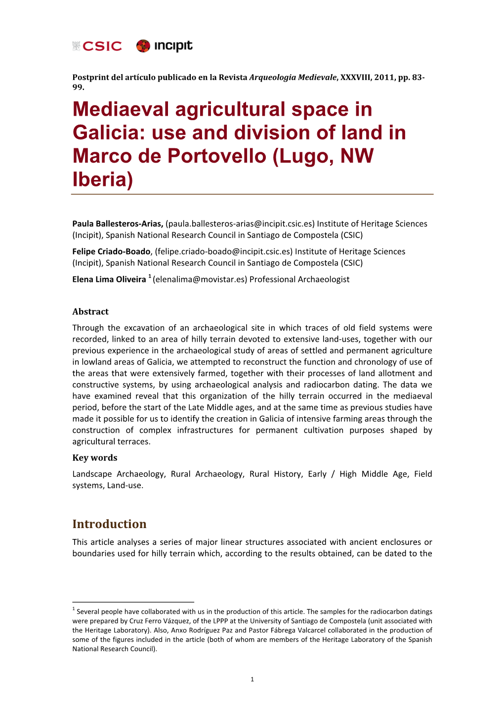 Mediaeval Agricultural Space in Galicia: Use and Division of Land in Marco De Portovello (Lugo, NW Iberia)