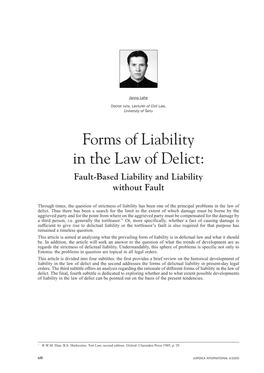 Forms of Liability in the Law of Delict: Fault-Based Liability and Liability Without Fault