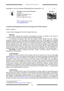 Crusades and Integration Processes in Europe in XI–XIII Centuries