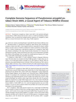 Complete Genome Sequence of Pseudomonas Amygdali Pv. Tabaci Strain 6605, a Causal Agent of Tobacco Wildﬁre Disease