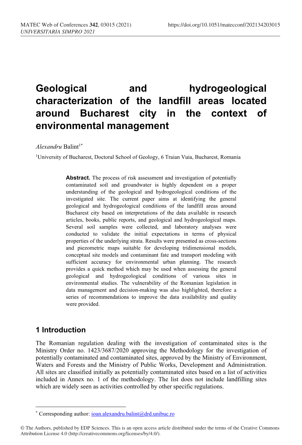 Geological and Hydrogeological Characterization of the Landfill Areas Located Around Bucharest City in the Context of Environmental Management