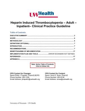 Heparin Induced Thrombocytopenia – Adult – Inpatient– Clinical Practice Guideline