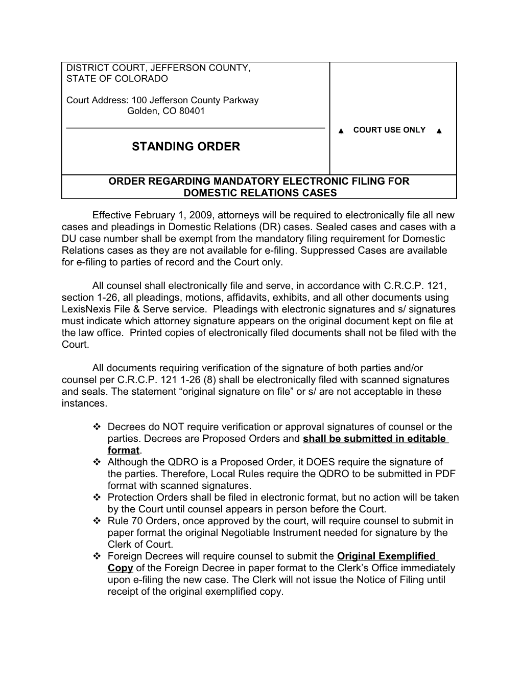 Order Regarding Mandatory Electronic Filing for Domestic Relations Cases