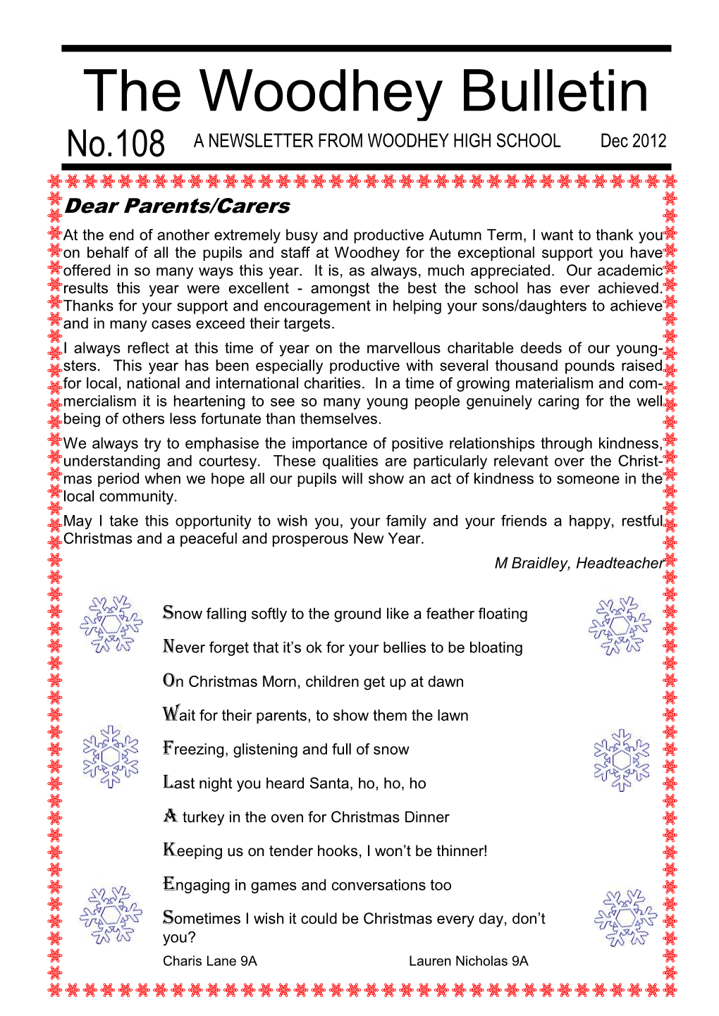 The Woodhey Bulletin No.108 a NEWSLETTER from WOODHEY HIGH SCHOOL Dec 2012