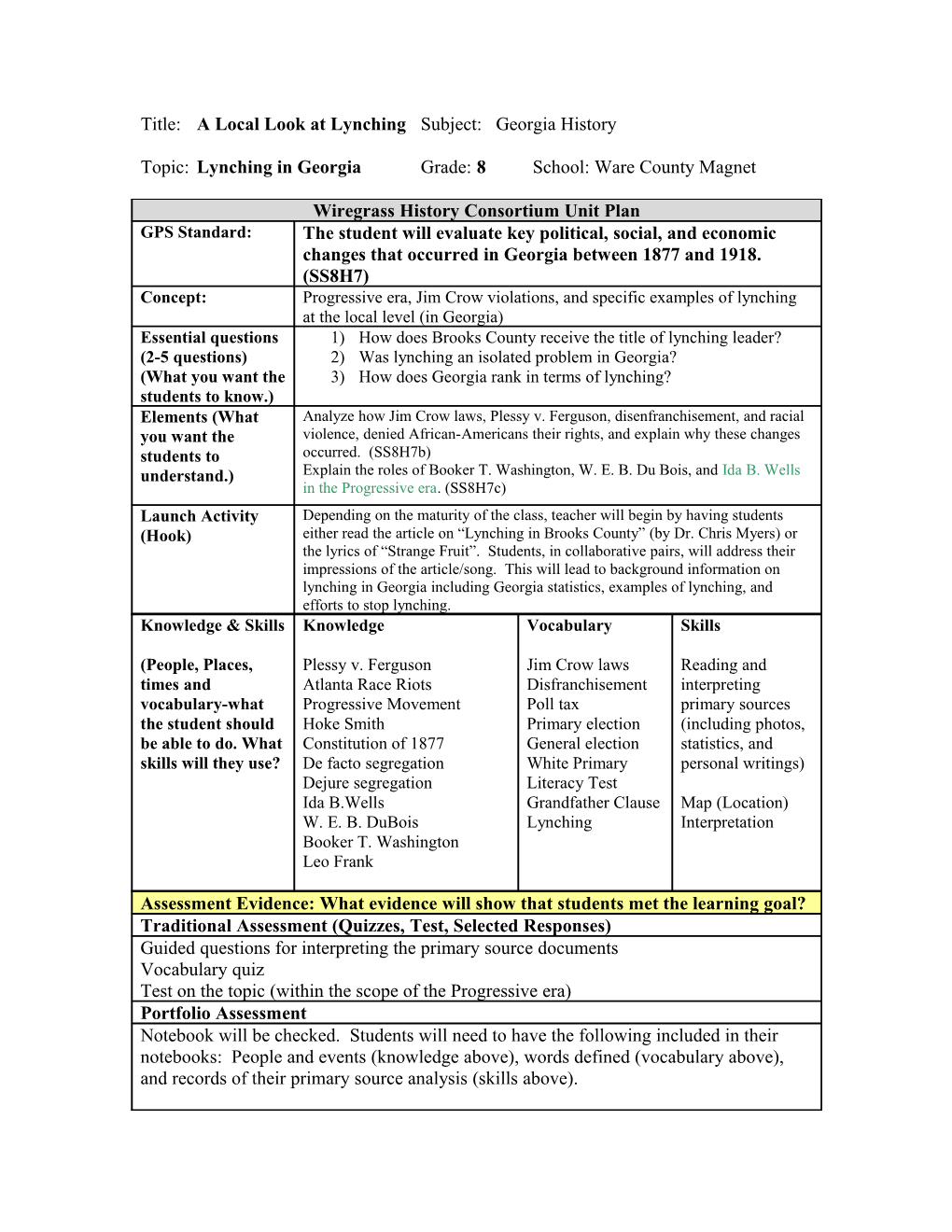 Title: a Local Look at Lynching Subject: Georgia History