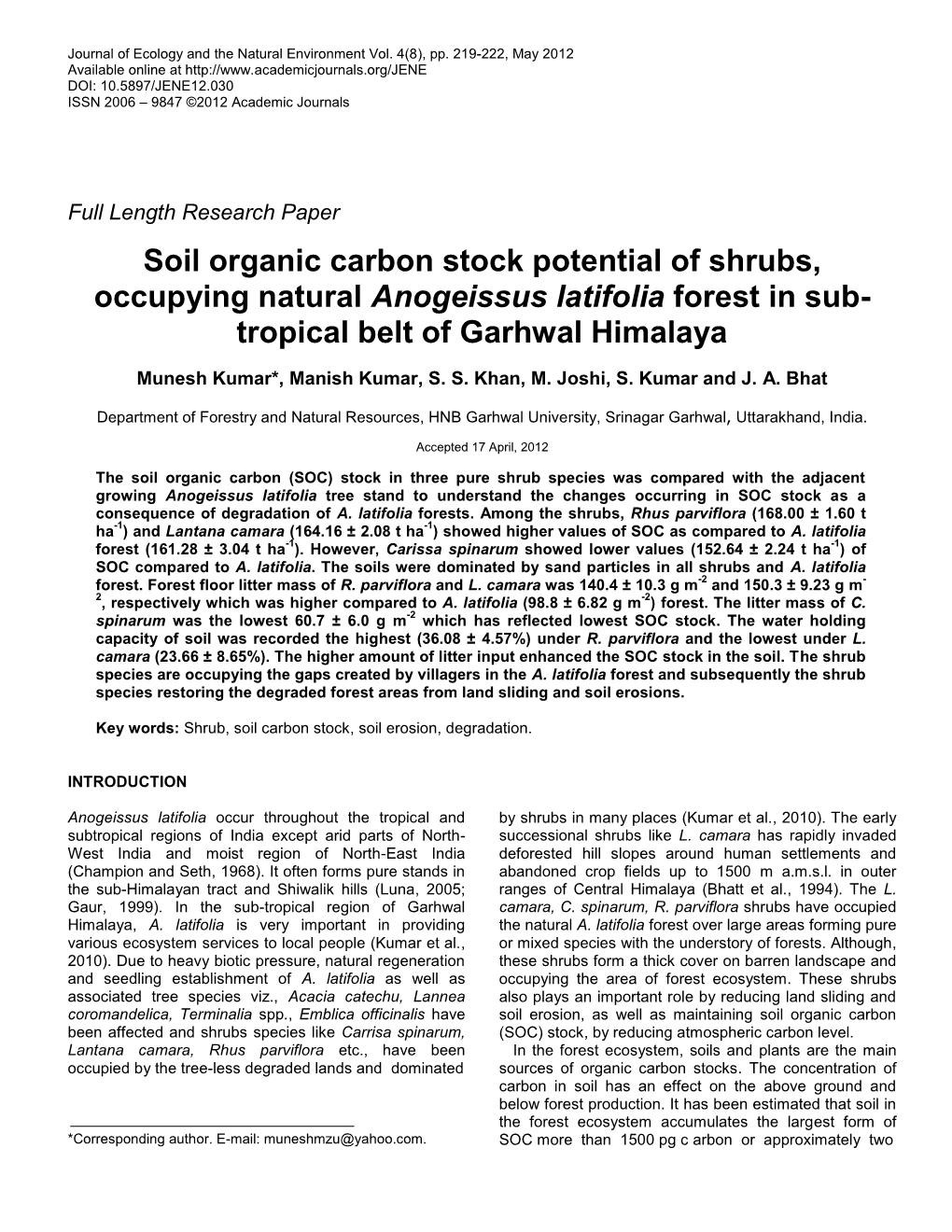 Soil Organic Carbon Stock Potential of Shrubs, Occupying Natural Anogeissus Latifolia Forest in Sub- Tropical Belt of Garhwal Himalaya