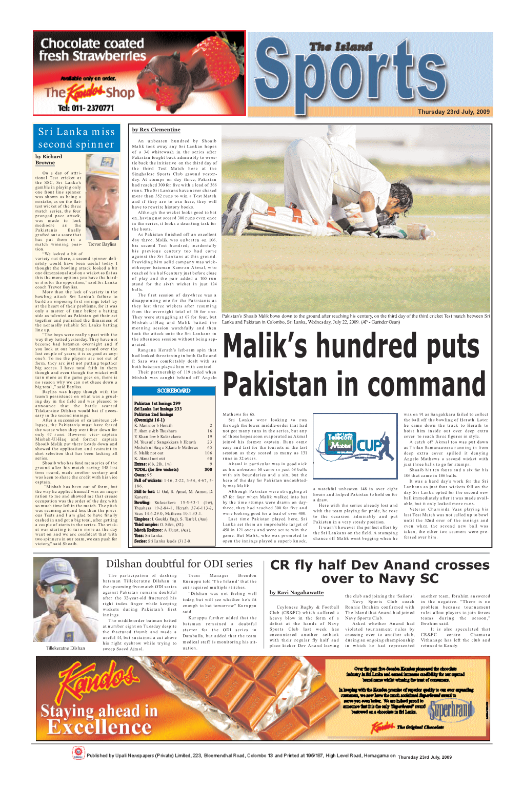 Malik's Hundred Puts Pakistan in Command