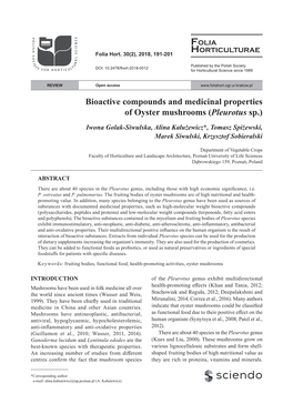 Bioactive Compounds and Medicinal Properties of Oyster Mushrooms (Pleurotus Sp.)