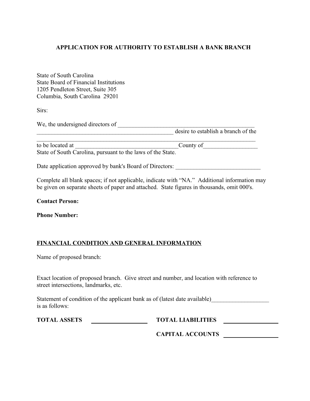 Application for Authority to Establish a Bank Branch