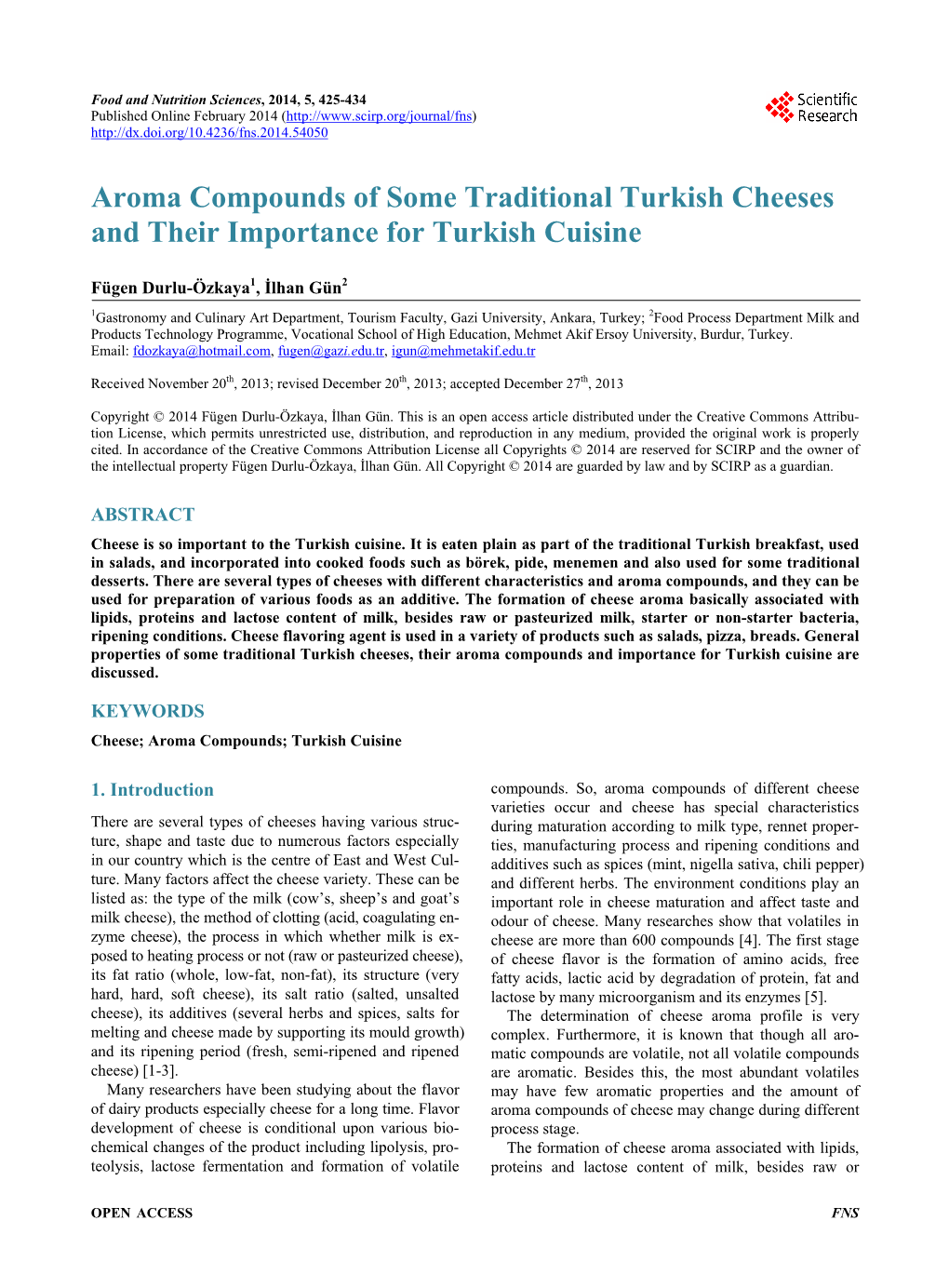 Aroma Compounds of Some Traditional Turkish Cheeses and Their Importance for Turkish Cuisine