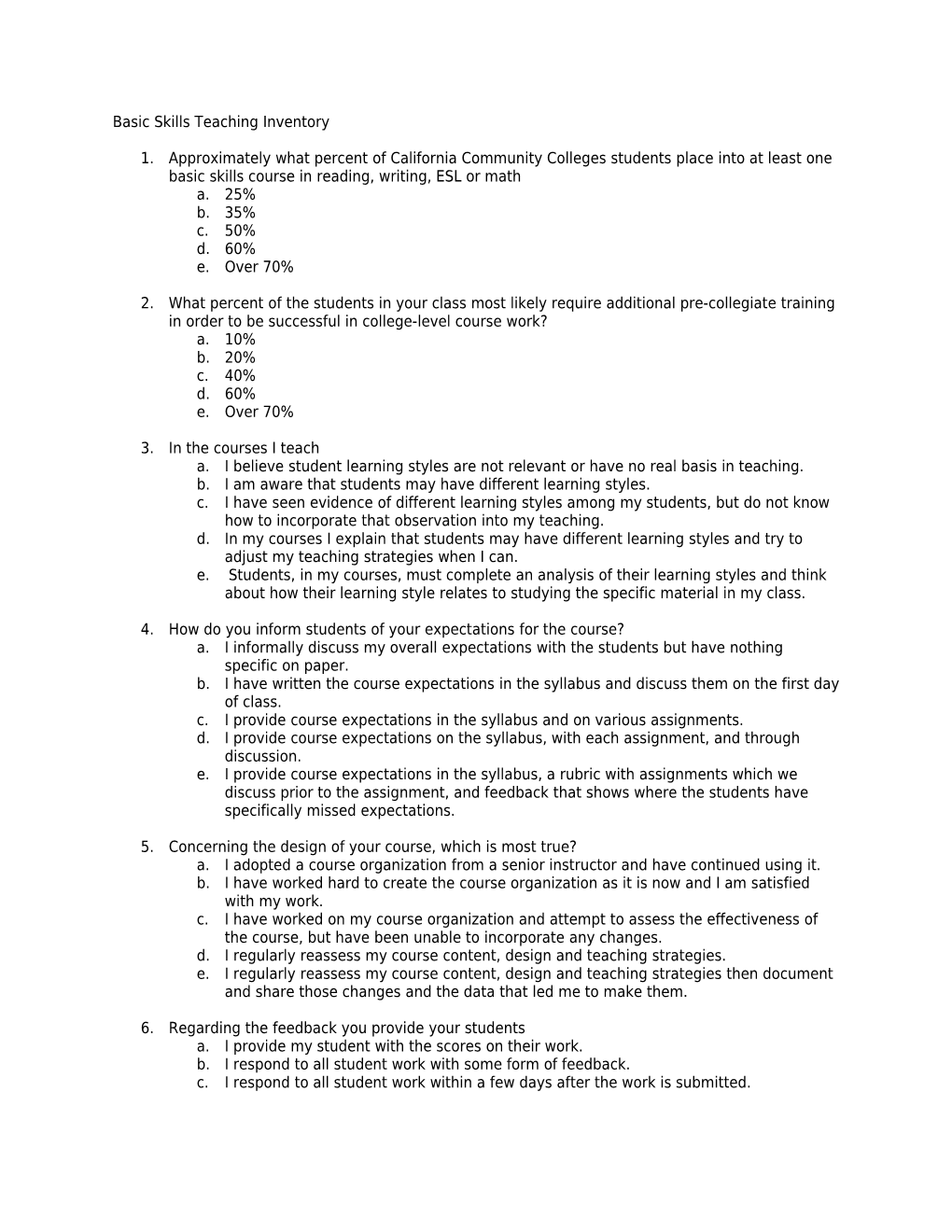 Basic Skills Teaching Inventory